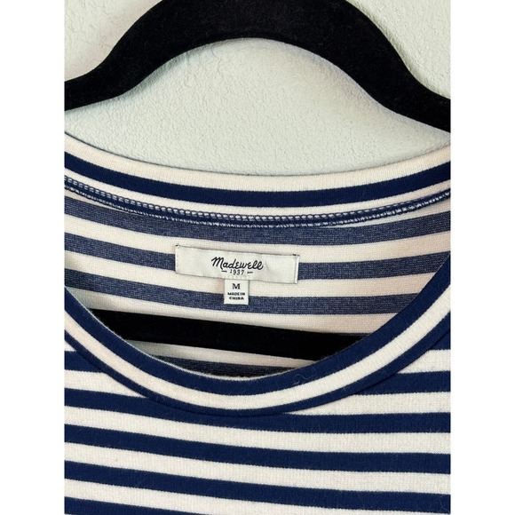 Madewell Navy Blue Ivory Striped 3/4 Sleeve Knit Shift Dress Size M - Picture 3 of 9